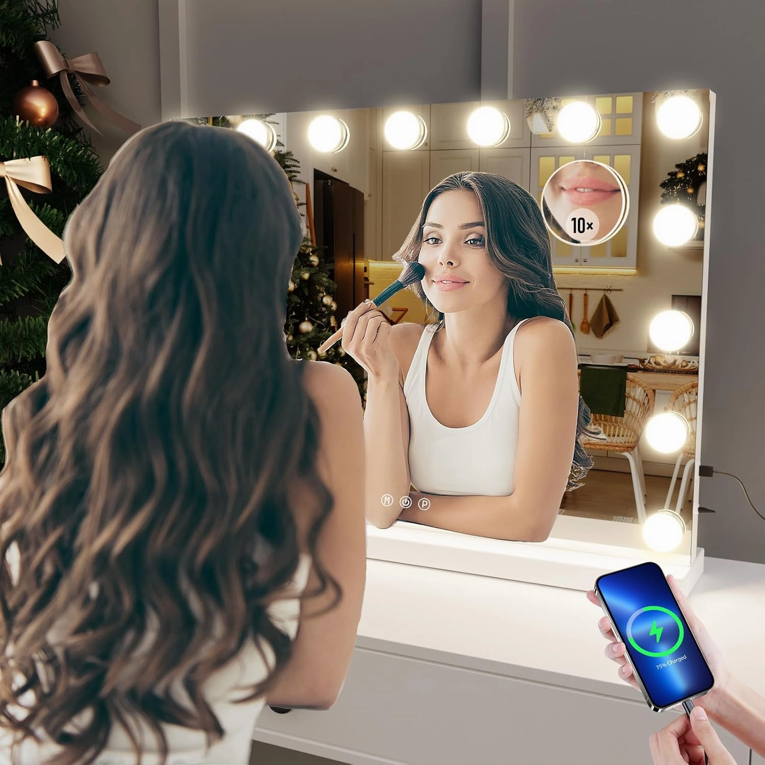 22.8 x 18.2 Vanity Makeup Mirror with Lights, 10X Magnification,Large Hollywood Lighted Vanity Mirror with 15 Dimmable LED Bulbs, USB Charger Port, Tabletop or Wall-Mounted Gold…