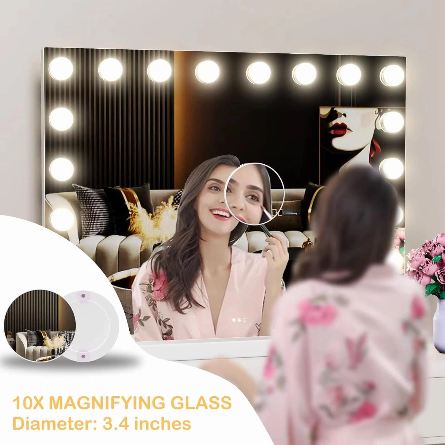 22.8 x 18.2 Vanity Makeup Mirror with Lights, 10X Magnification,Large Hollywood Lighted Vanity Mirror with 15 Dimmable LED Bulbs, USB Charger Port, Tabletop or Wall-Mounted Gold…