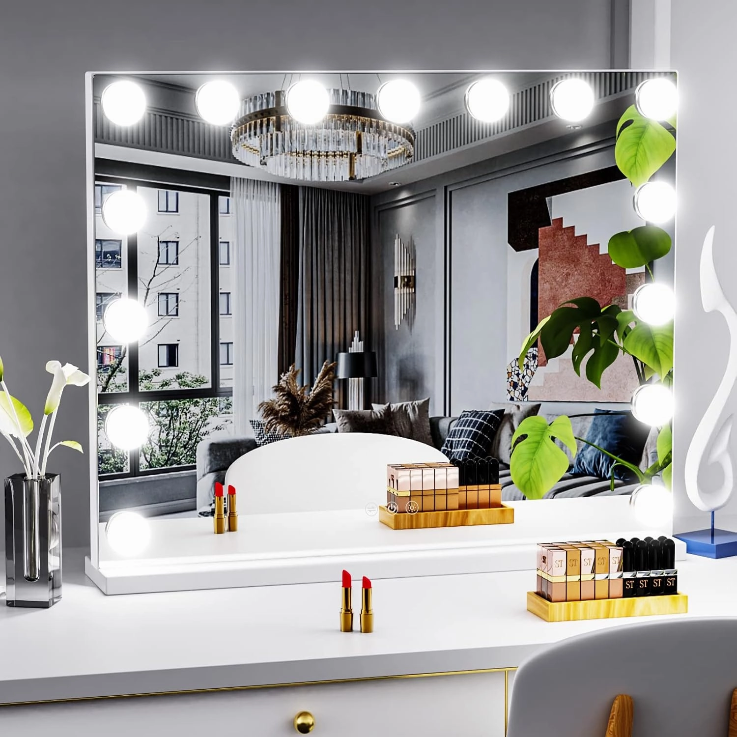 22.8 x 18.2 Vanity Makeup Mirror with Lights, 10X Magnification,Large Hollywood Lighted Vanity Mirror with 15 Dimmable LED Bulbs, USB Charger Port, Tabletop or Wall-Mounted Gold…