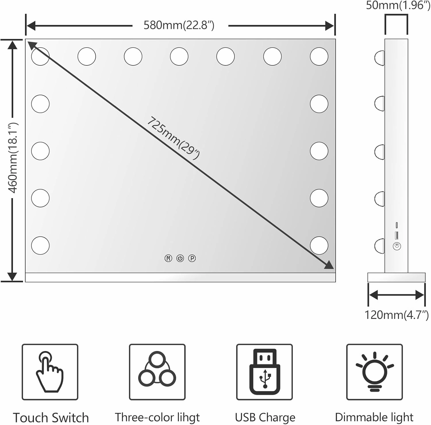 22.8 x 18.2 Vanity Makeup Mirror with Lights, 10X Magnification,Large Hollywood Lighted Vanity Mirror with 15 Dimmable LED Bulbs, USB Charger Port, Tabletop or Wall-Mounted Gold…