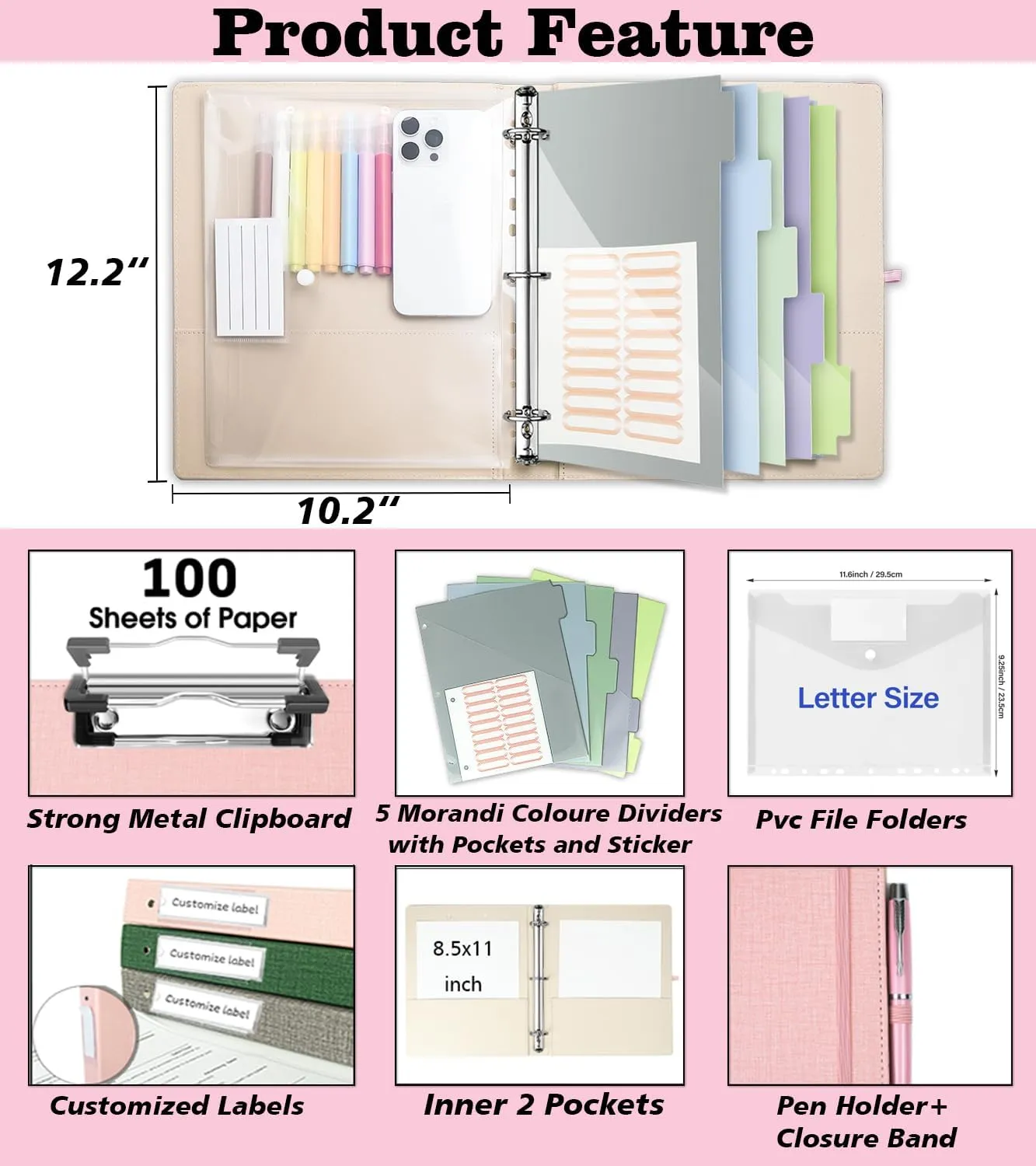 3 Ring Binder, 1 Inch Linen Binders Organizer for Letter Size (8.5" x 11") Paper with 5-Tabs Pockets Dividers, BVSSX Leather Three Ring Binders with Clipboard, Plastic Folder, Pen Loop - Pink Tulips
