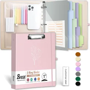 3 Ring Binder, 1 Inch Linen Binders Organizer for Letter Size (8.5" x 11") Paper with 5-Tabs Pockets Dividers, BVSSX Leather Three Ring Binders with Clipboard, Plastic Folder, Pen Loop - Pink Tulips