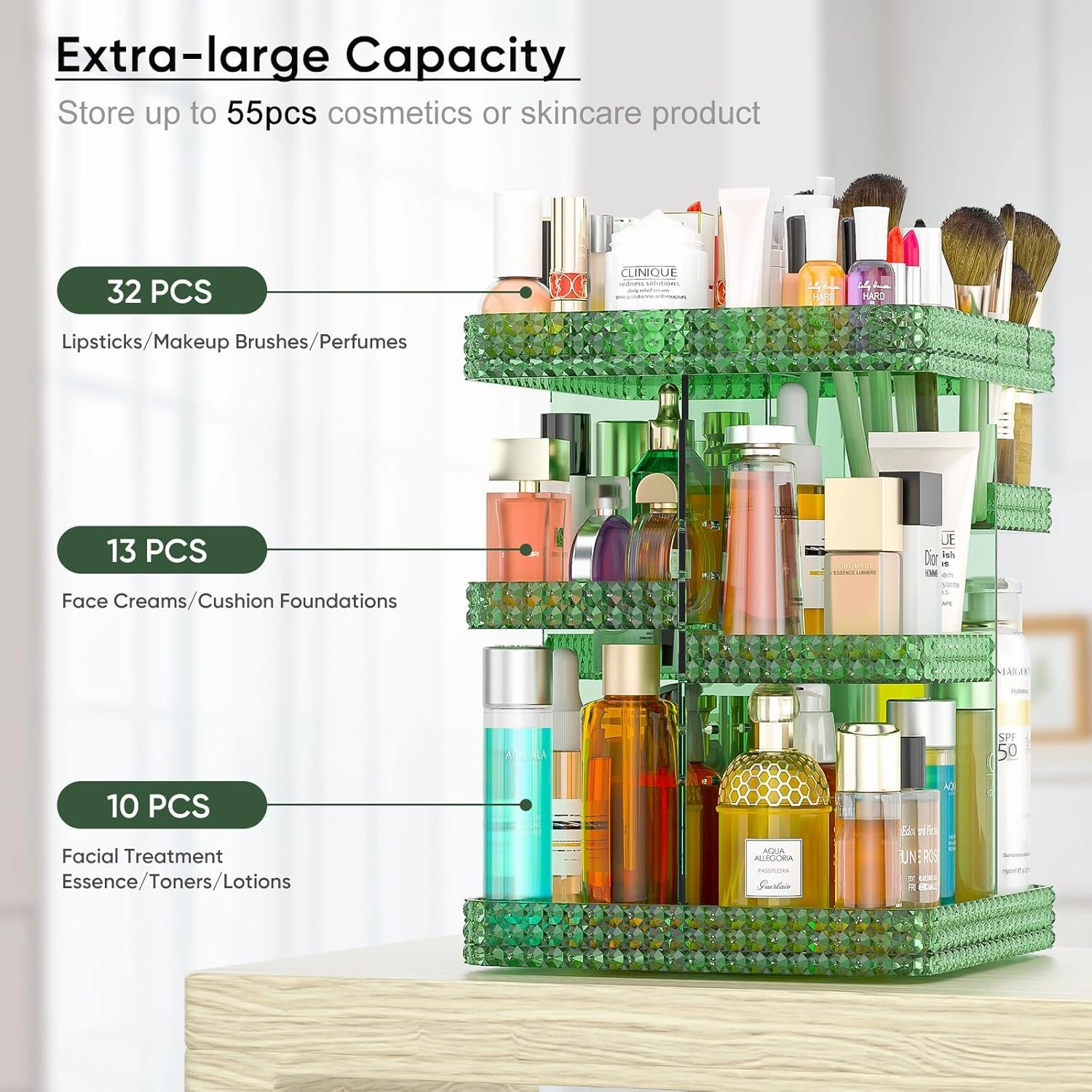 360 Rotating Makeup Organizer, Acrylic DIY Adjustable Bathroom Makeup Carousel Spinning Holder Rack, Large Capacity Cosmetics Storage Box Vanity Countertop, Skin-care Organizers (Green)