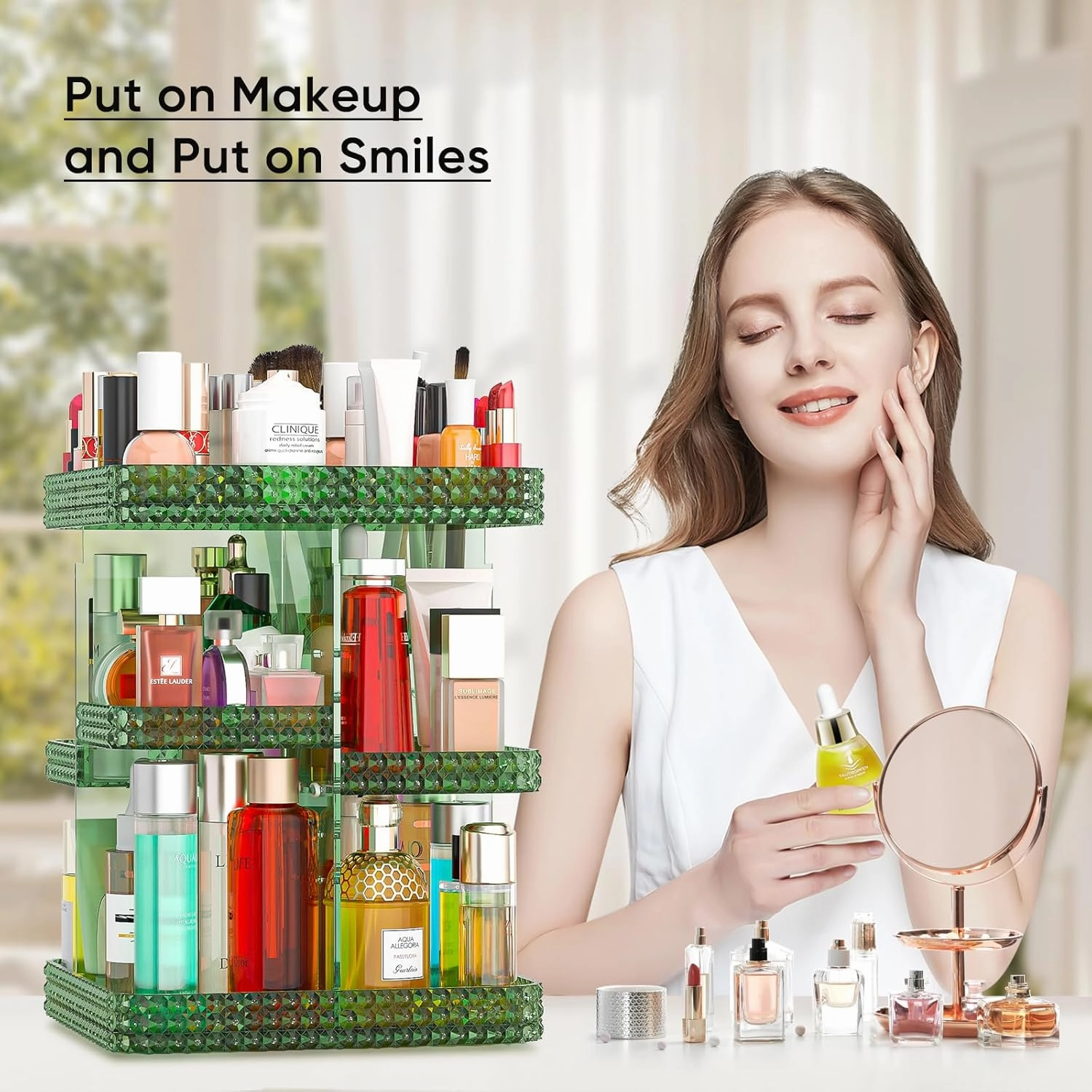 360 Rotating Makeup Organizer, Acrylic DIY Adjustable Bathroom Makeup Carousel Spinning Holder Rack, Large Capacity Cosmetics Storage Box Vanity Countertop, Skin-care Organizers (Green)
