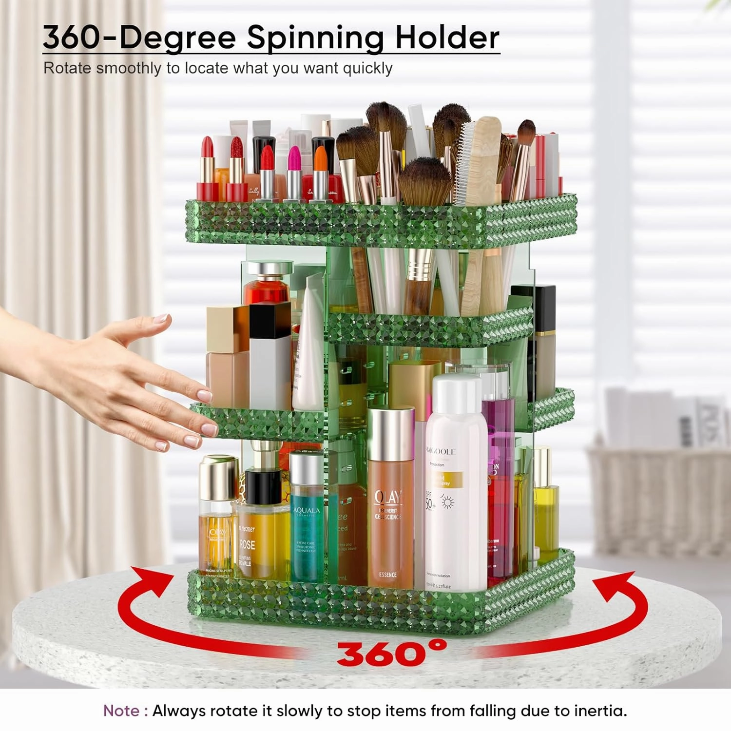 360 Rotating Makeup Organizer, Acrylic DIY Adjustable Bathroom Makeup Carousel Spinning Holder Rack, Large Capacity Cosmetics Storage Box Vanity Countertop, Skin-care Organizers (Green)