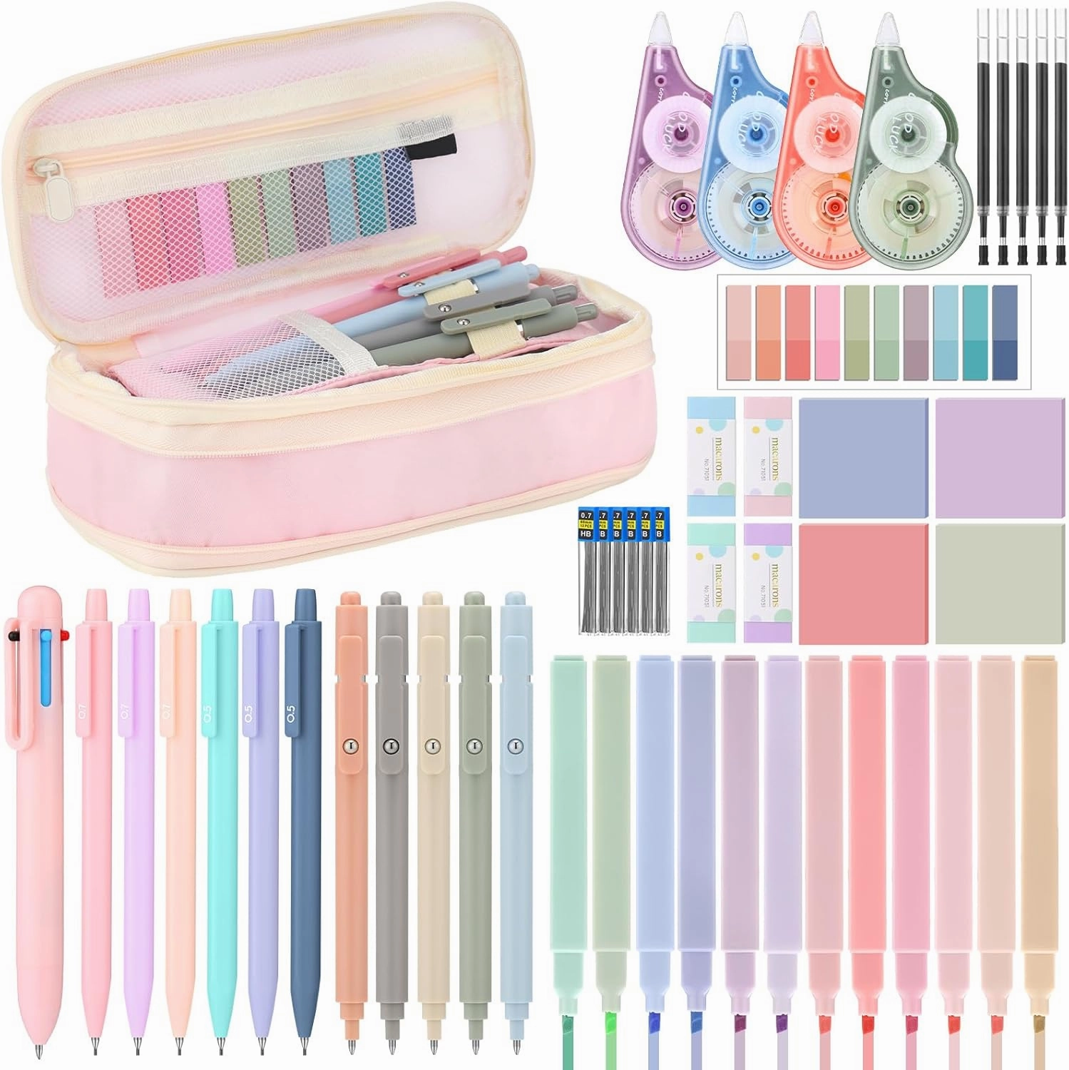 49 Pcs Aesthetic School Supplies with Pink Pencil Case, 12 Highlighters, 5 Quick Dry Ink Pens, 6 Mechanical Pencils Set 0.5 0.7 mm, 5 Tabs and 4 Correction Tape for Students Stationary Set