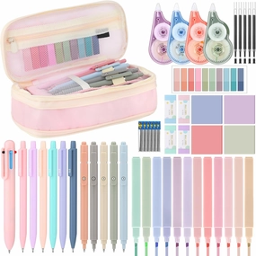 49 Pcs Aesthetic School Supplies with Pink Pencil Case, 12 Highlighters, 5 Quick Dry Ink Pens, 6 Mechanical Pencils Set 0.5 0.7 mm, 5 Tabs and 4 Correction Tape for Students Stationary Set