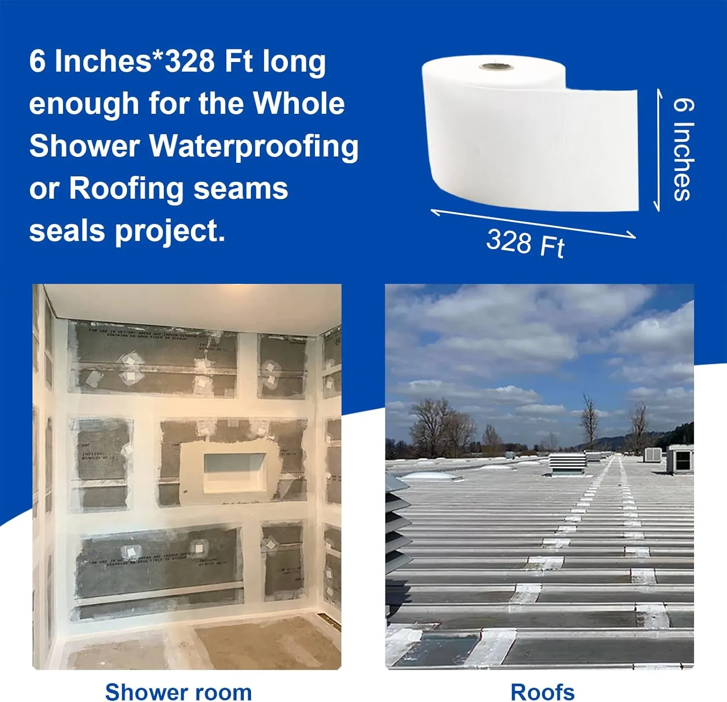 6 Inches X 328 Feet Waterproofing Membrane Anti Fracture Fabric, Reinforcing Water Barrier Drywall Mesh Tape, Liquid Waterproof Membranes Fiberglass Tape for Shower Wall,Leak,Seam