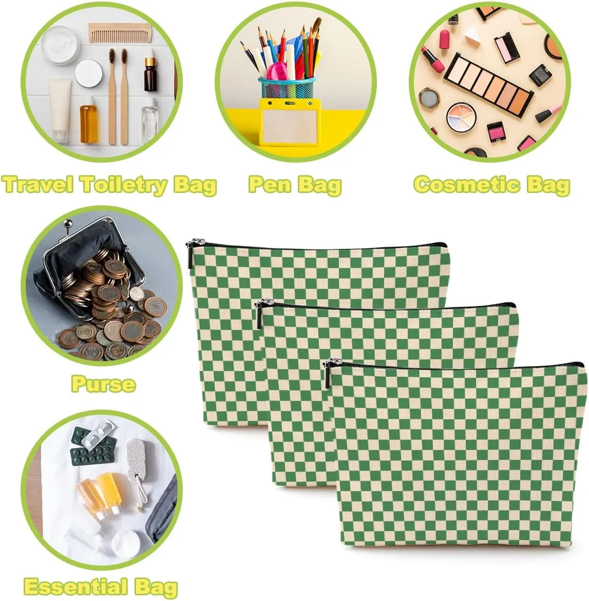 6 Pcs Checkered Makeup Bags Make up Bag Cosmetic Bags for Women Girls Sister Doctor Friendship Graduation Valentines Day Birthday Nurse Mothers Day Aesthetic Travel Toiletry Bag, Cute Green Plaid