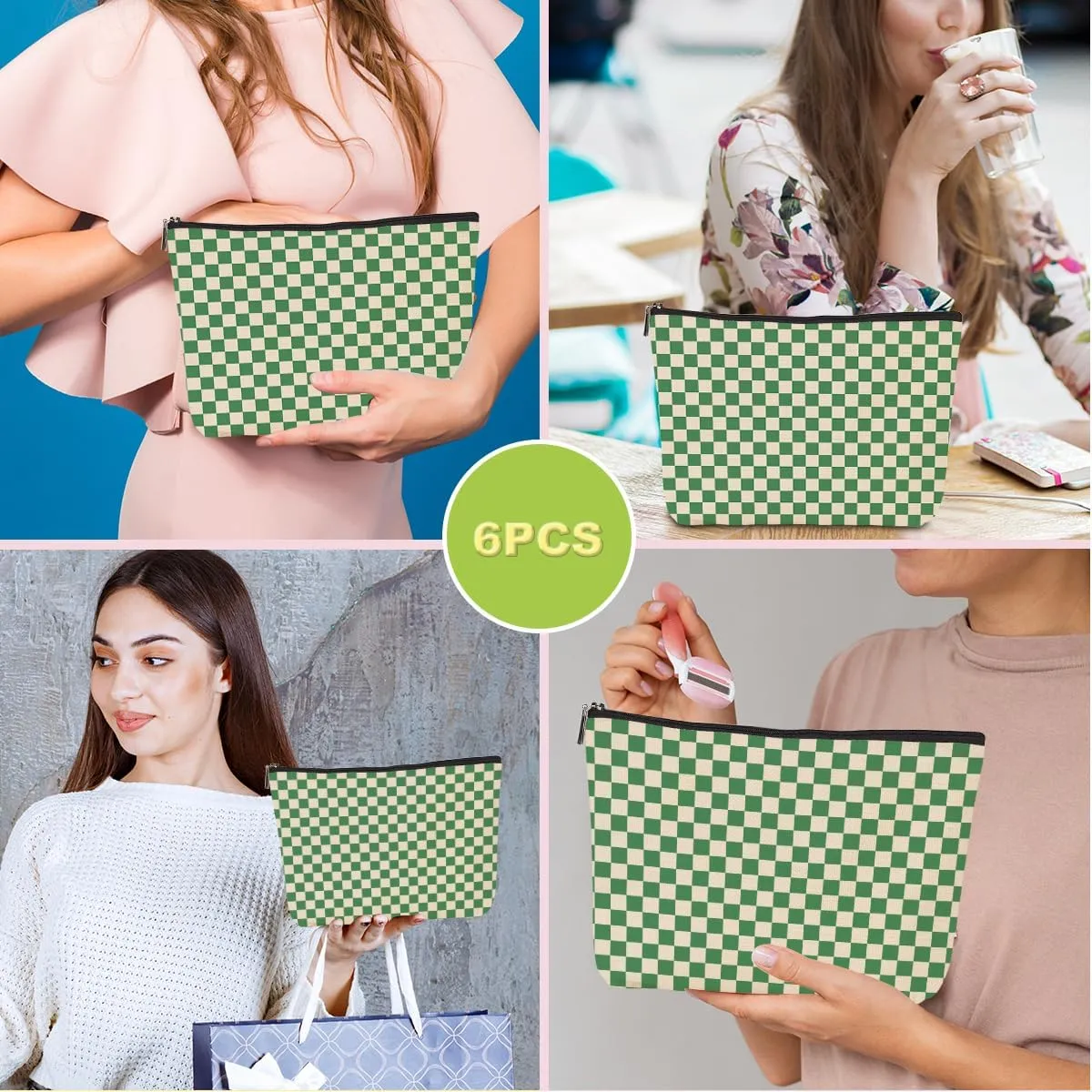 6 Pcs Checkered Makeup Bags Make up Bag Cosmetic Bags for Women Girls Sister Doctor Friendship Graduation Valentines Day Birthday Nurse Mothers Day Aesthetic Travel Toiletry Bag, Cute Green Plaid