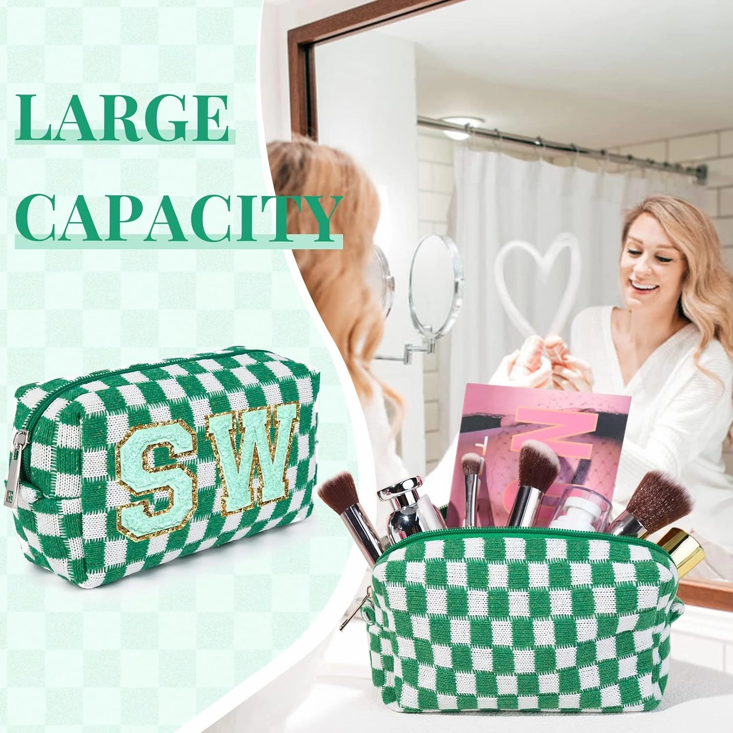 6 Pcs Preppy Makeup Bag Checkered Cosmetic Bag Bulk Green Makeup Pouch Personalize Travel Toiletry Bag Organizer Cute DIY Makeup Brushes Storage Bag for Women