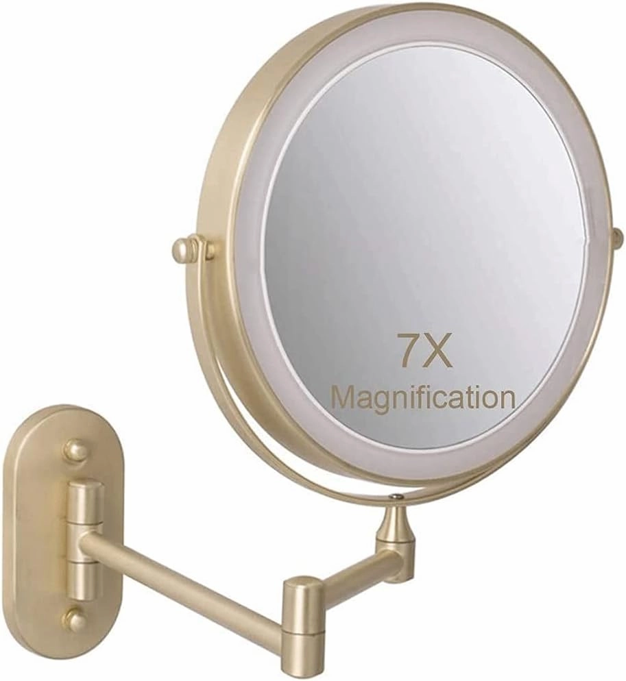 8 Inch Rechargeable Wall Mounted Lighted Makeup Vanity Mirror with 3 Color Lights Double Sides 1X/7X Magnifying Makeup Mirror Touch Screen Dimming 360° Shaving Mirror Gold(1x/7x)