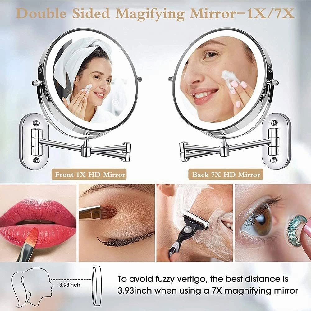 8 Inch Rechargeable Wall Mounted Lighted Makeup Vanity Mirror with 3 Color Lights Double Sides 1X/7X Magnifying Makeup Mirror Touch Screen Dimming 360° Shaving Mirror Gold(1x/7x)