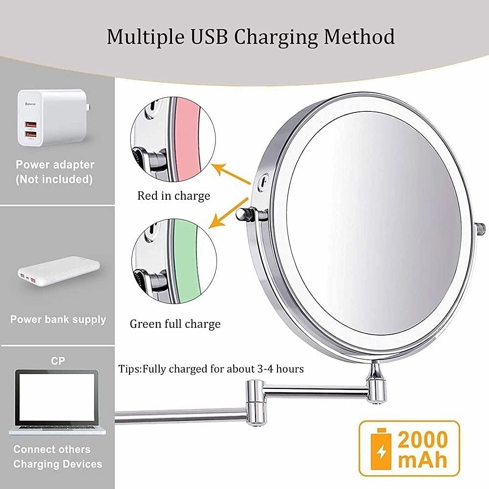 8 Inch Rechargeable Wall Mounted Lighted Makeup Vanity Mirror with 3 Color Lights Double Sides 1X/7X Magnifying Makeup Mirror Touch Screen Dimming 360° Shaving Mirror Gold(1x/7x)