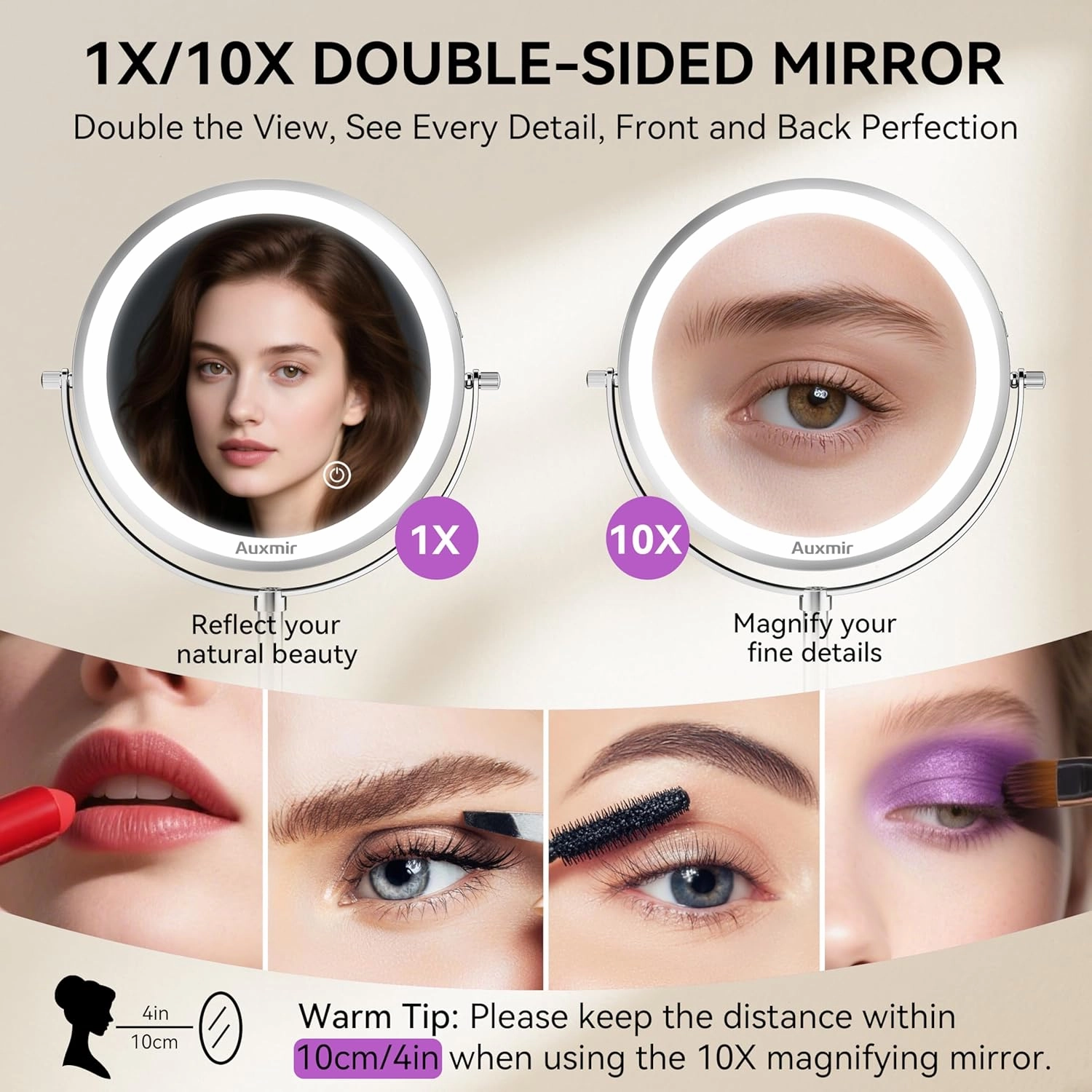 8" Lighted Makeup Mirror Rechargeable 1X/10X Magnifying Mirror with 3 Dimmable Colors Light, Double Sided Vanity Mirror with Stand, 360° Rotation Touch Screen Tabletop, Chrome