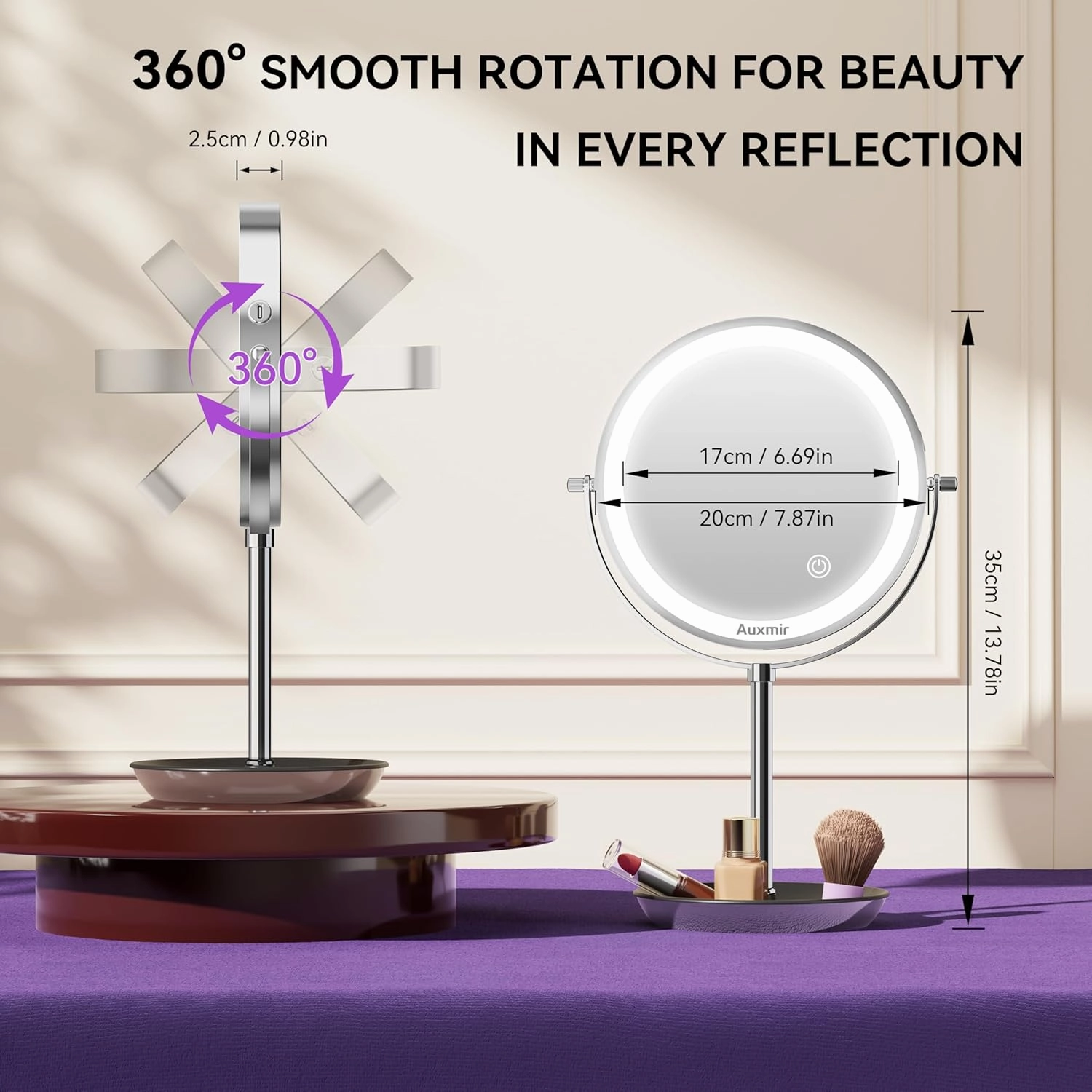 8" Lighted Makeup Mirror Rechargeable 1X/10X Magnifying Mirror with 3 Dimmable Colors Light, Double Sided Vanity Mirror with Stand, 360° Rotation Touch Screen Tabletop, Chrome