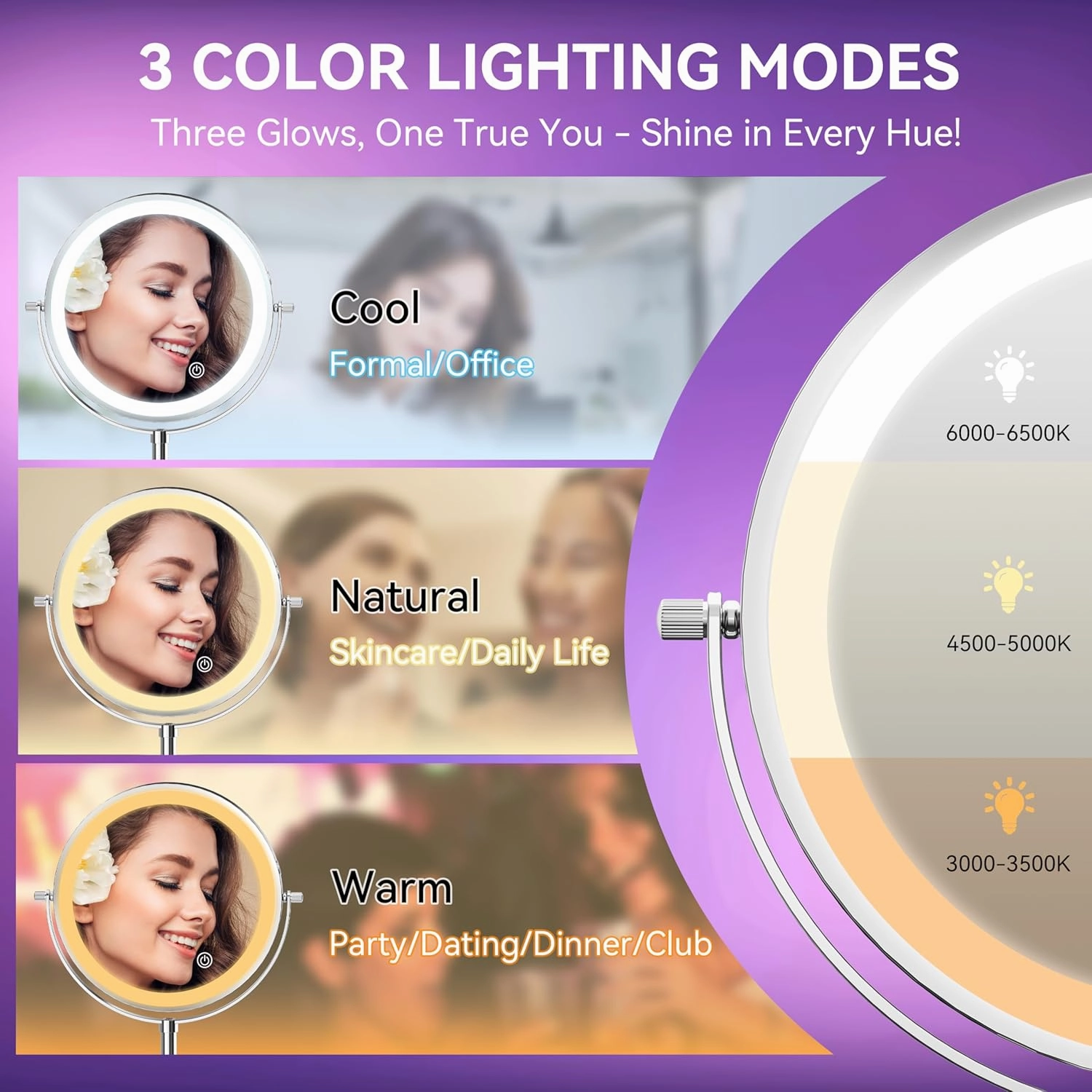 8" Lighted Makeup Mirror Rechargeable 1X/10X Magnifying Mirror with 3 Dimmable Colors Light, Double Sided Vanity Mirror with Stand, 360° Rotation Touch Screen Tabletop, Chrome