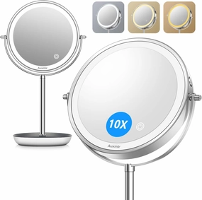 8" Lighted Makeup Mirror Rechargeable 1X/10X Magnifying Mirror with 3 Dimmable Colors Light, Double Sided Vanity Mirror with Stand, 360° Rotation Touch Screen Tabletop, Chrome