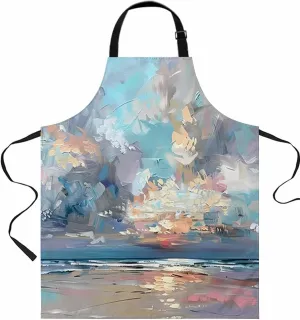 Abstract Coastal Blue Grey Brown Summer Street Art Waterproof Apron With Pockets, Kitchen Chefs Bib Cooking BBQ Grill Bake Adjustable Aprons for Women/Kids Home Garden Grooming Painting Gardening