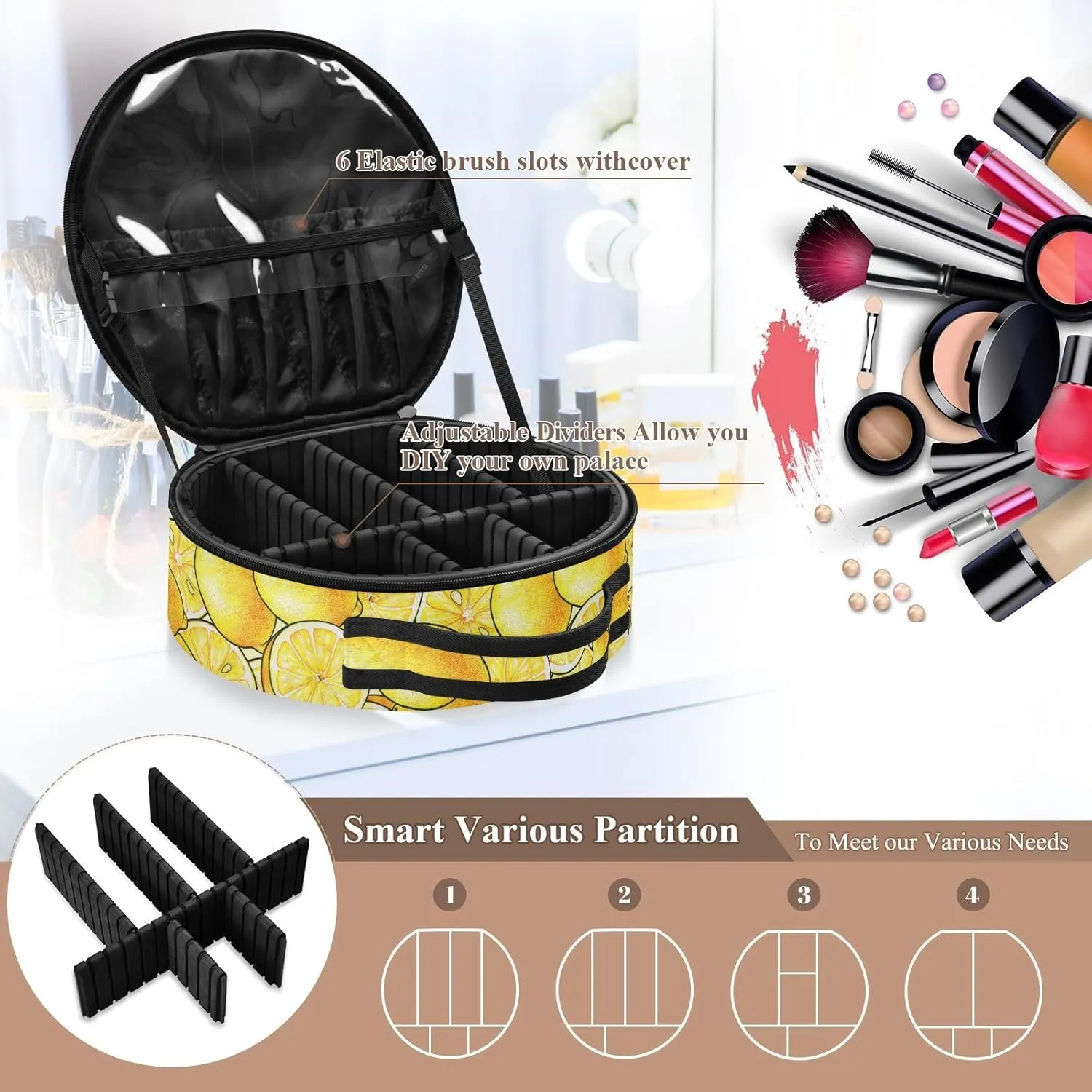 ALAZA Beautiful Yellow Lemon Fruits Travel Cosmetic Organizer Make up Organizer Toiletry Bag