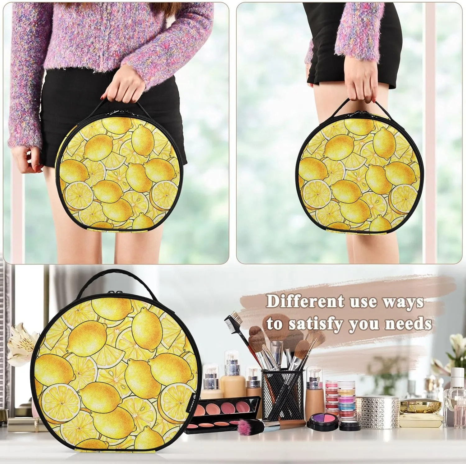 ALAZA Beautiful Yellow Lemon Fruits Travel Cosmetic Organizer Make up Organizer Toiletry Bag