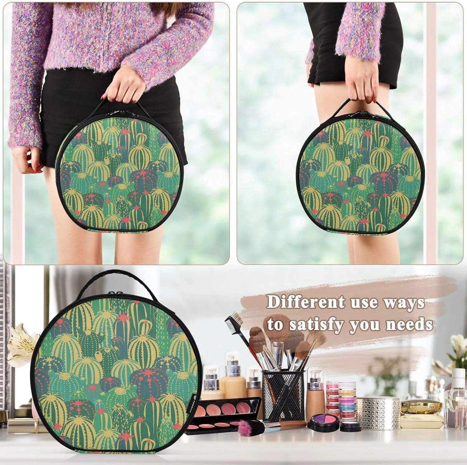 ALAZA Cacti with Flowers and Thorns in Green Travel Make Up Organizer Cosmetic Brush Bags Case