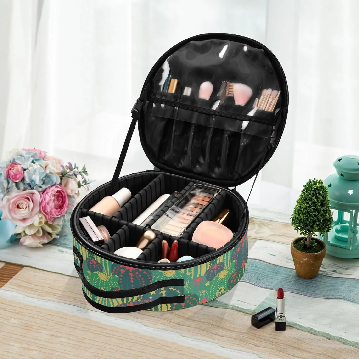 ALAZA Cacti with Flowers and Thorns in Green Travel Make Up Organizer Cosmetic Brush Bags Case