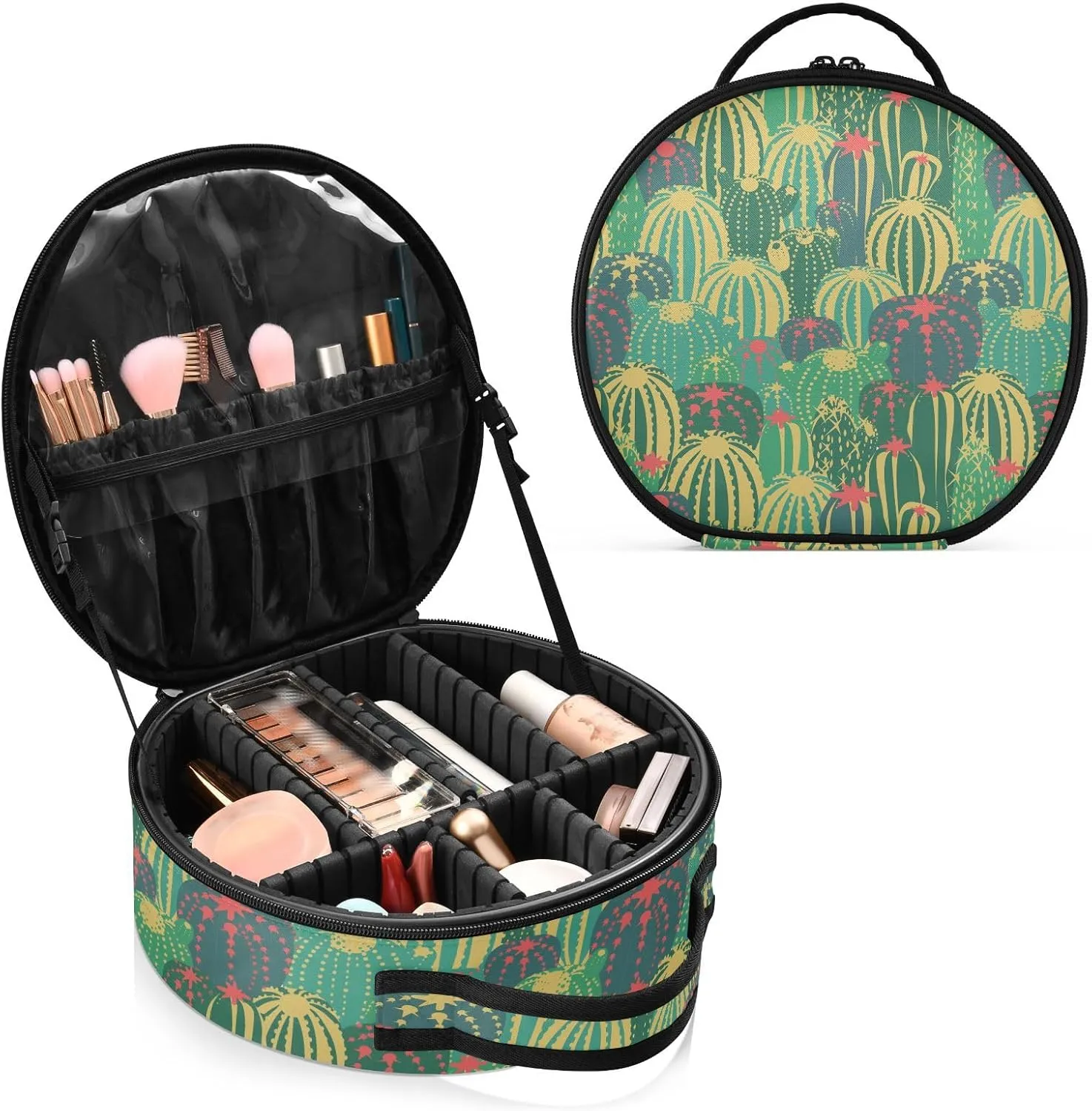 ALAZA Cacti with Flowers and Thorns in Green Travel Make Up Organizer Cosmetic Brush Bags Case