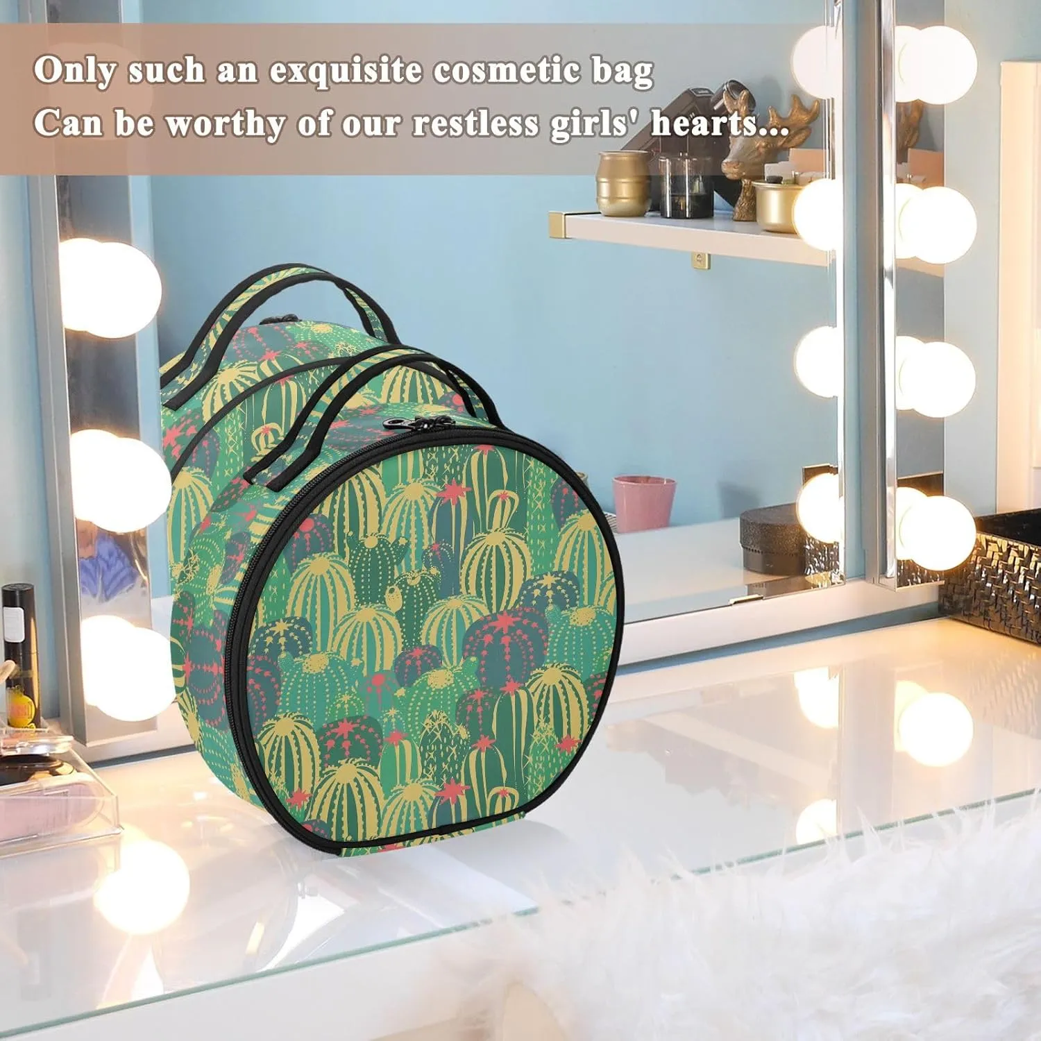 ALAZA Cacti with Flowers and Thorns in Green Travel Make Up Organizer Cosmetic Brush Bags Case