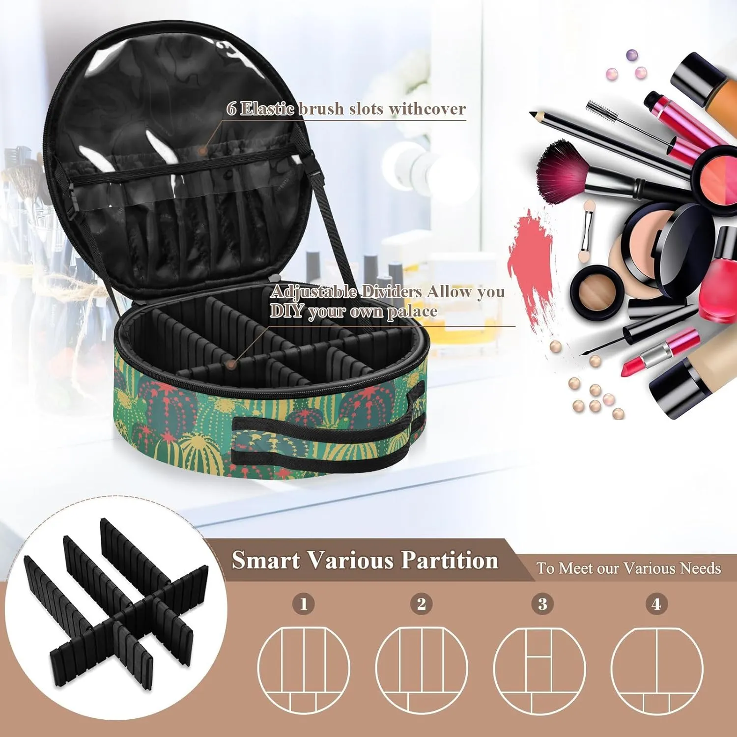 ALAZA Cacti with Flowers and Thorns in Green Travel Make Up Organizer Cosmetic Brush Bags Case