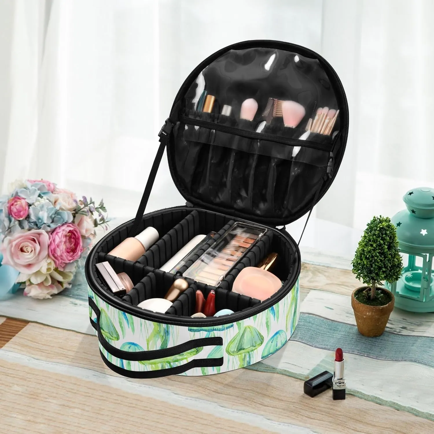 ALAZA Green Jellyfish Watercolor Travel Makeup Train Case Makeup Cosmetic Case with Adjustable Dividers