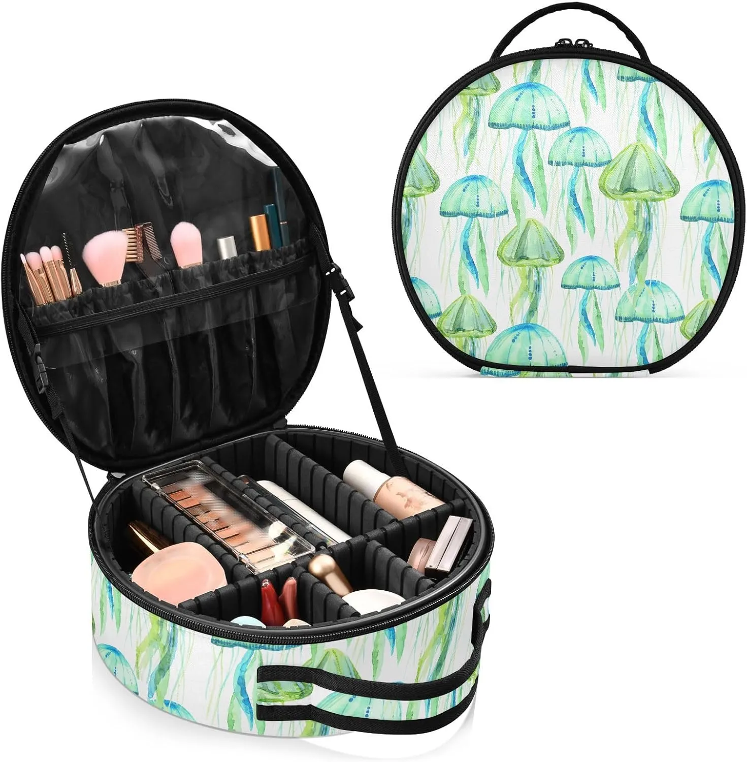 ALAZA Green Jellyfish Watercolor Travel Makeup Train Case Makeup Cosmetic Case with Adjustable Dividers