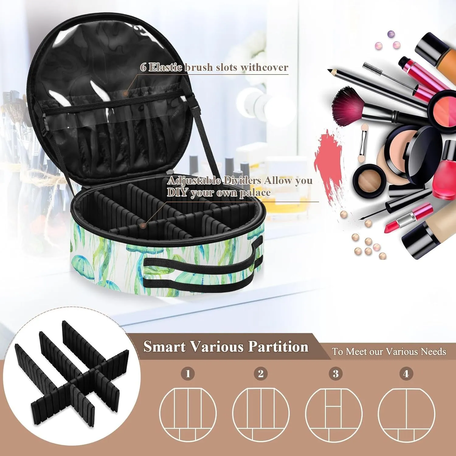 ALAZA Green Jellyfish Watercolor Travel Makeup Train Case Makeup Cosmetic Case with Adjustable Dividers