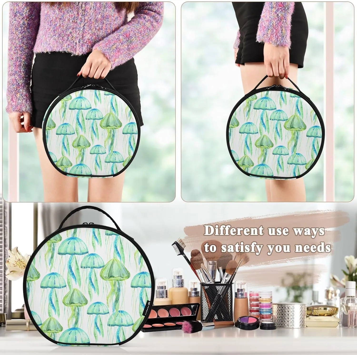 ALAZA Green Jellyfish Watercolor Travel Makeup Train Case Makeup Cosmetic Case with Adjustable Dividers