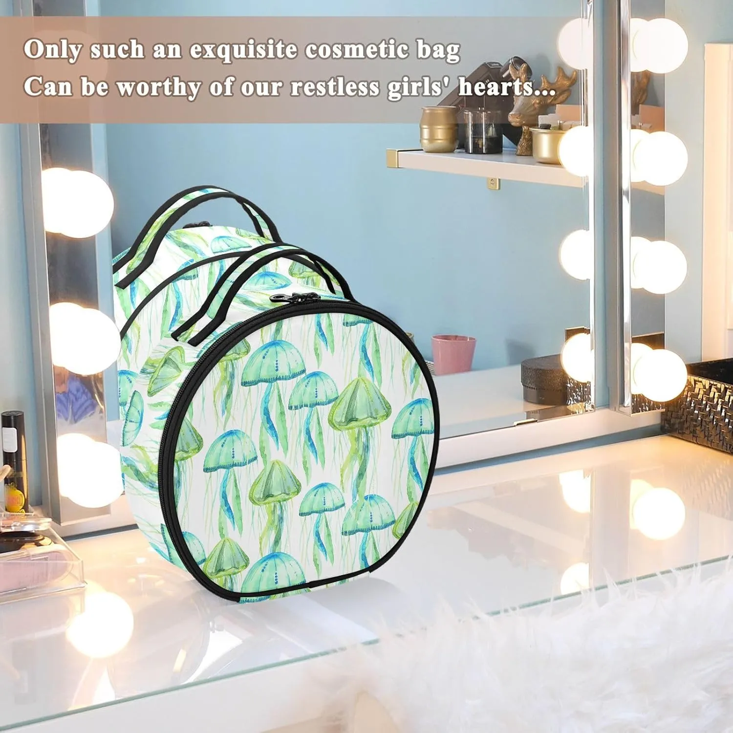 ALAZA Green Jellyfish Watercolor Travel Makeup Train Case Makeup Cosmetic Case with Adjustable Dividers