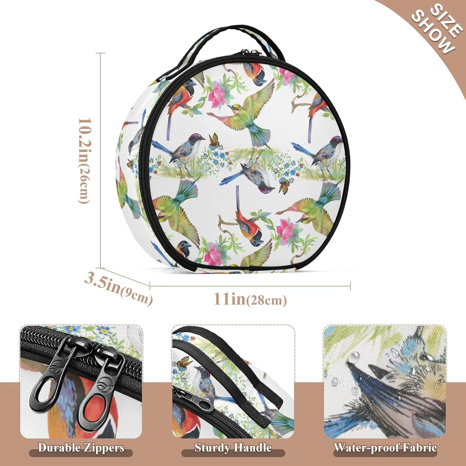 ALAZA Green Leaves Flowers Colorful Birds Butterfly Travel Cosmetic Organizer Make up Organizer Toiletry Bag