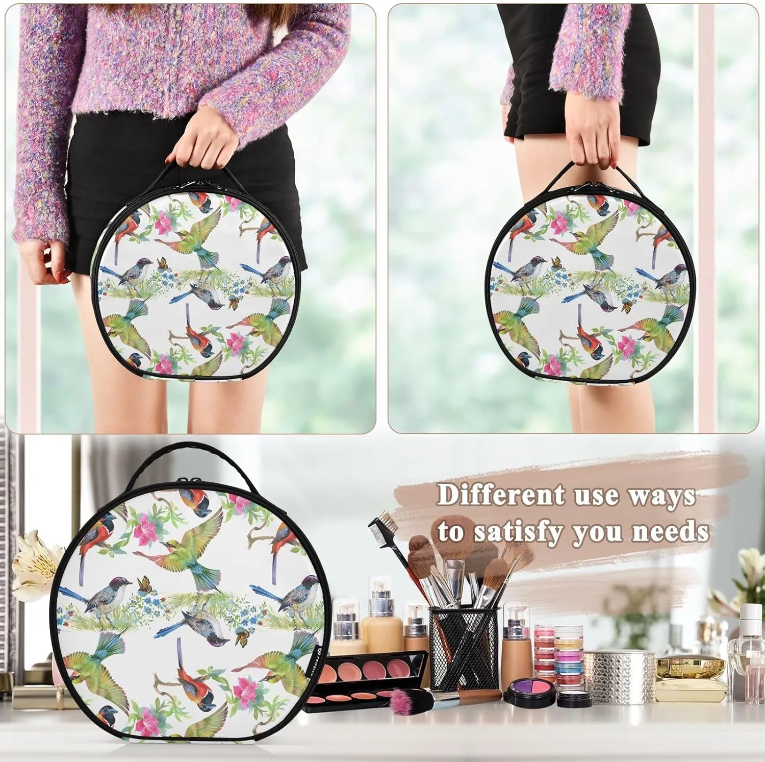 ALAZA Green Leaves Flowers Colorful Birds Butterfly Travel Cosmetic Organizer Make up Organizer Toiletry Bag