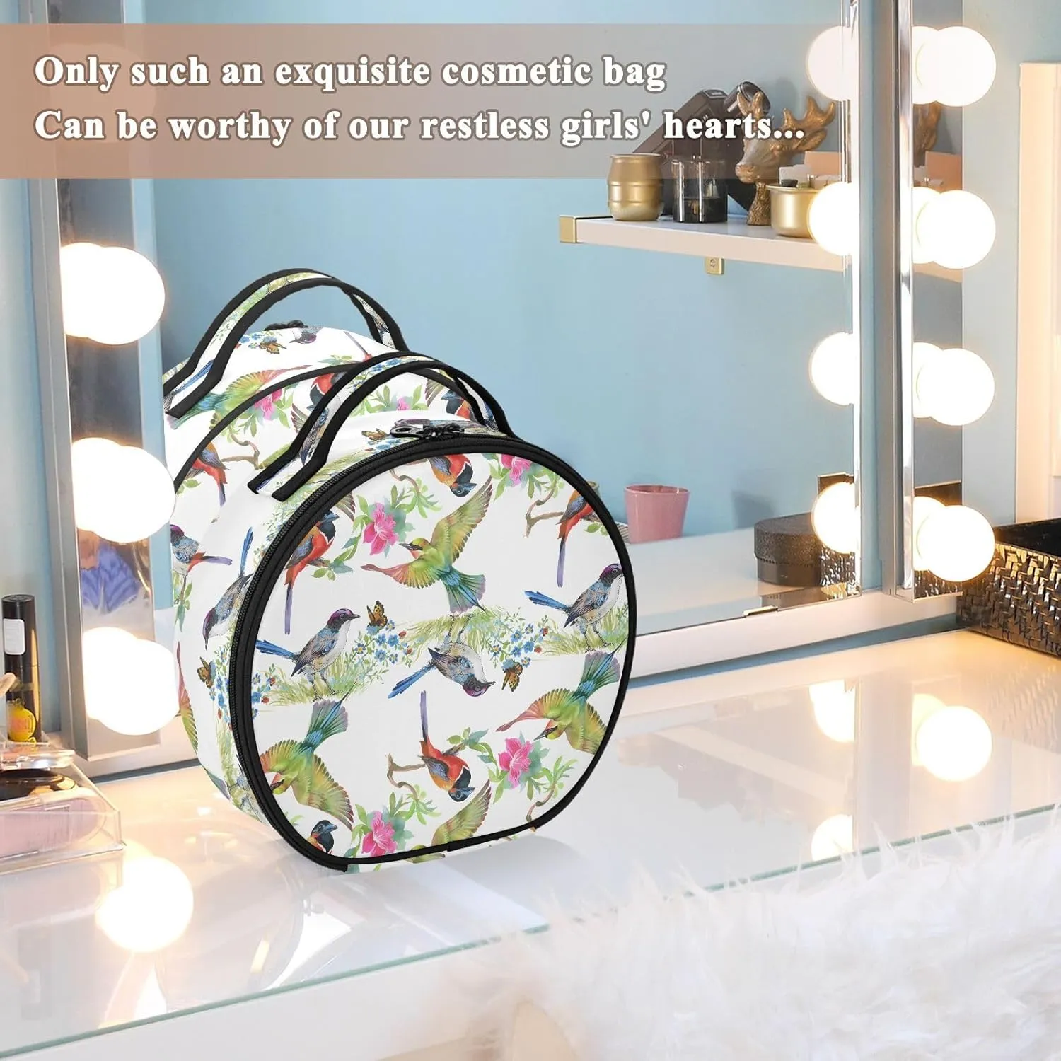 ALAZA Green Leaves Flowers Colorful Birds Butterfly Travel Cosmetic Organizer Make up Organizer Toiletry Bag