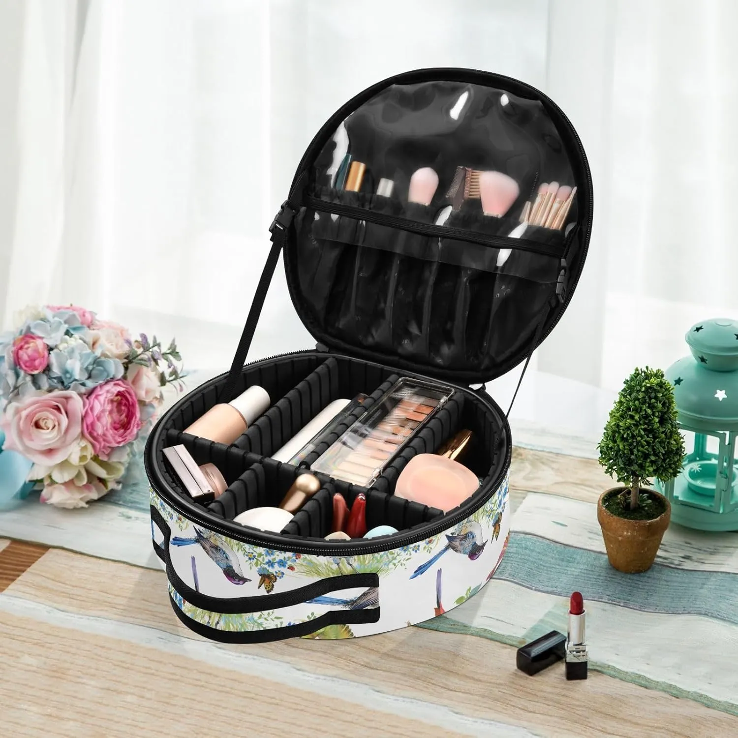 ALAZA Green Leaves Flowers Colorful Birds Butterfly Travel Cosmetic Organizer Make up Organizer Toiletry Bag