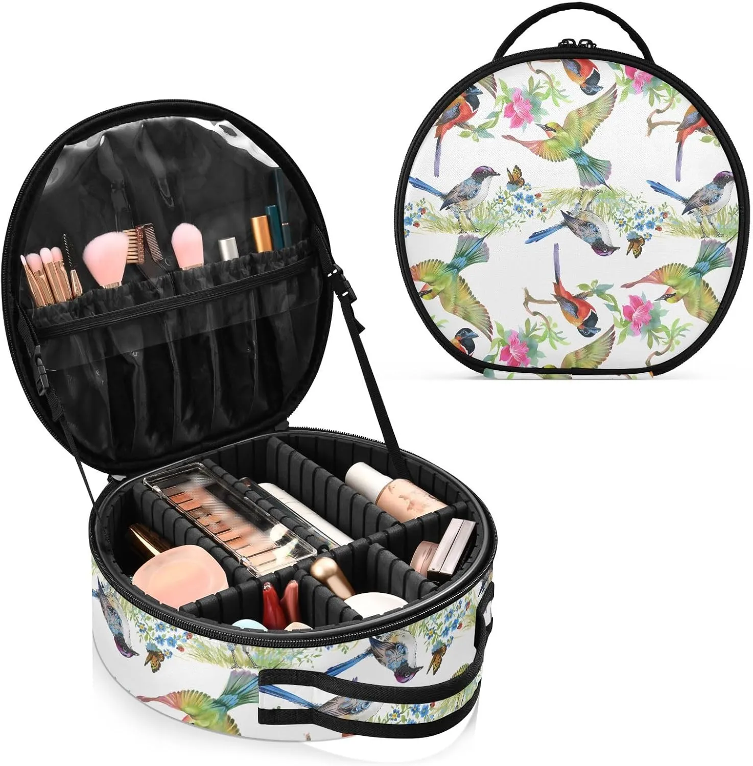 ALAZA Green Leaves Flowers Colorful Birds Butterfly Travel Cosmetic Organizer Make up Organizer Toiletry Bag