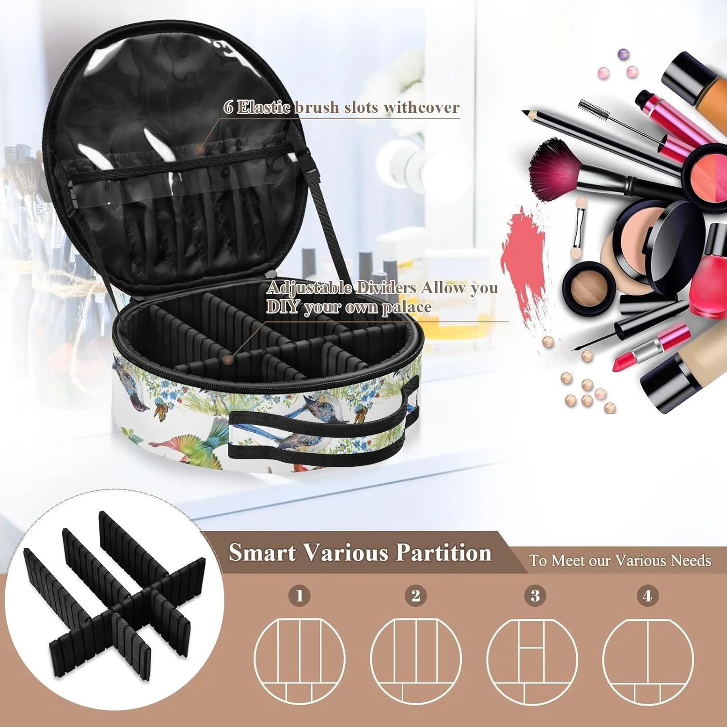 ALAZA Green Leaves Flowers Colorful Birds Butterfly Travel Cosmetic Organizer Make up Organizer Toiletry Bag
