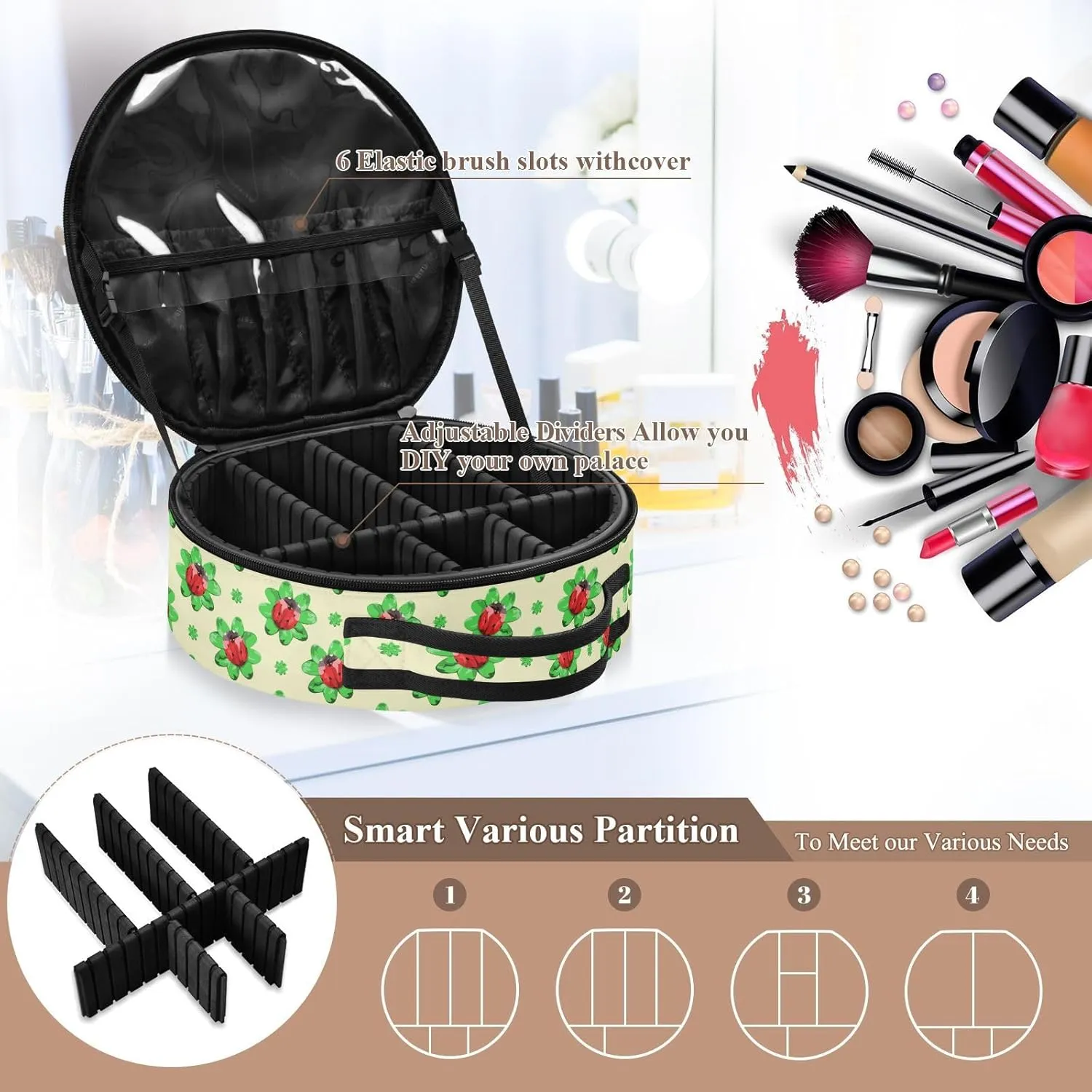 ALAZA Red Ladybugs on Green Clover Leaves Makeup Bag Travel Cosmetic Bag Large Toiletry Organizer
