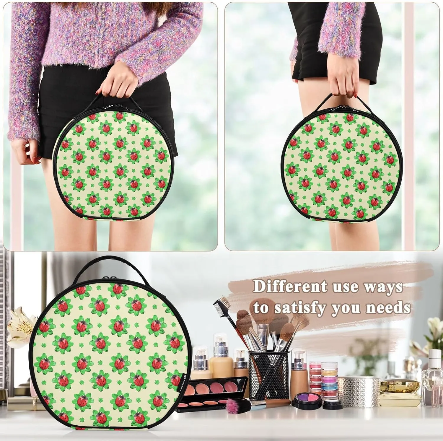 ALAZA Red Ladybugs on Green Clover Leaves Makeup Bag Travel Cosmetic Bag Large Toiletry Organizer