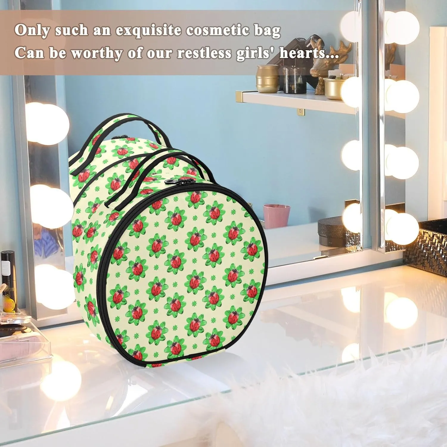 ALAZA Red Ladybugs on Green Clover Leaves Makeup Bag Travel Cosmetic Bag Large Toiletry Organizer