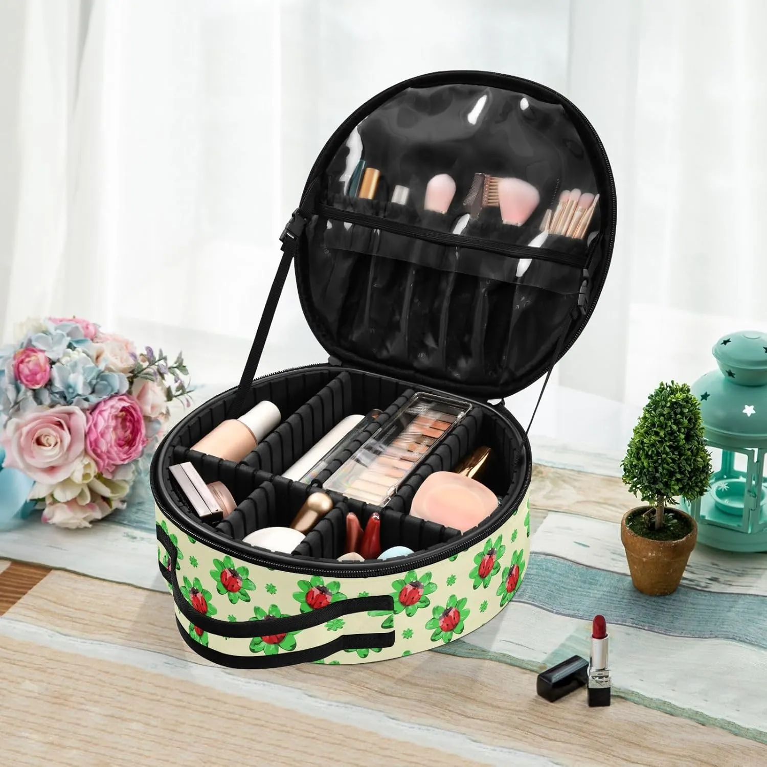 ALAZA Red Ladybugs on Green Clover Leaves Makeup Bag Travel Cosmetic Bag Large Toiletry Organizer