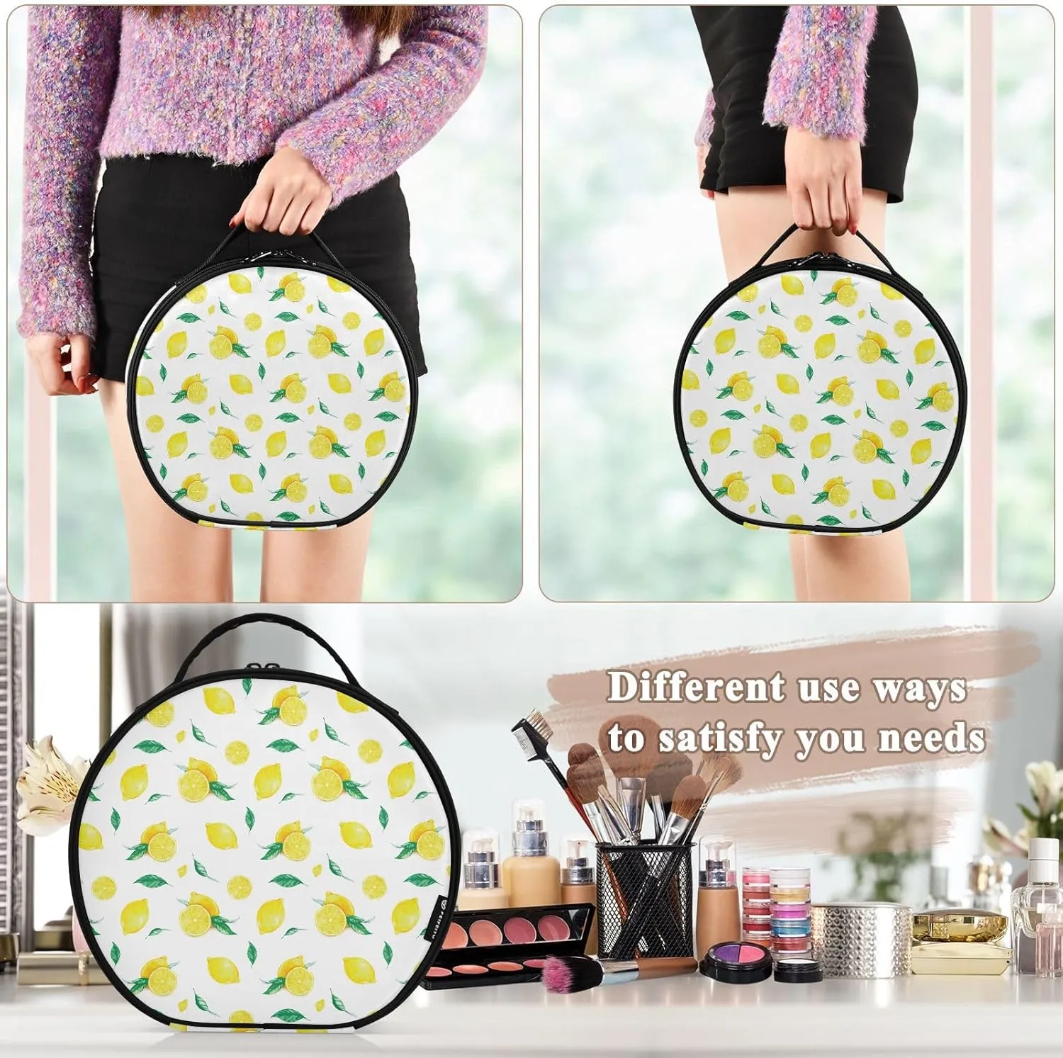 ALAZA Ripe Yellow Lemons and Leaves Travel Cosmetic Organizer Make up Organizer Toiletry Bag