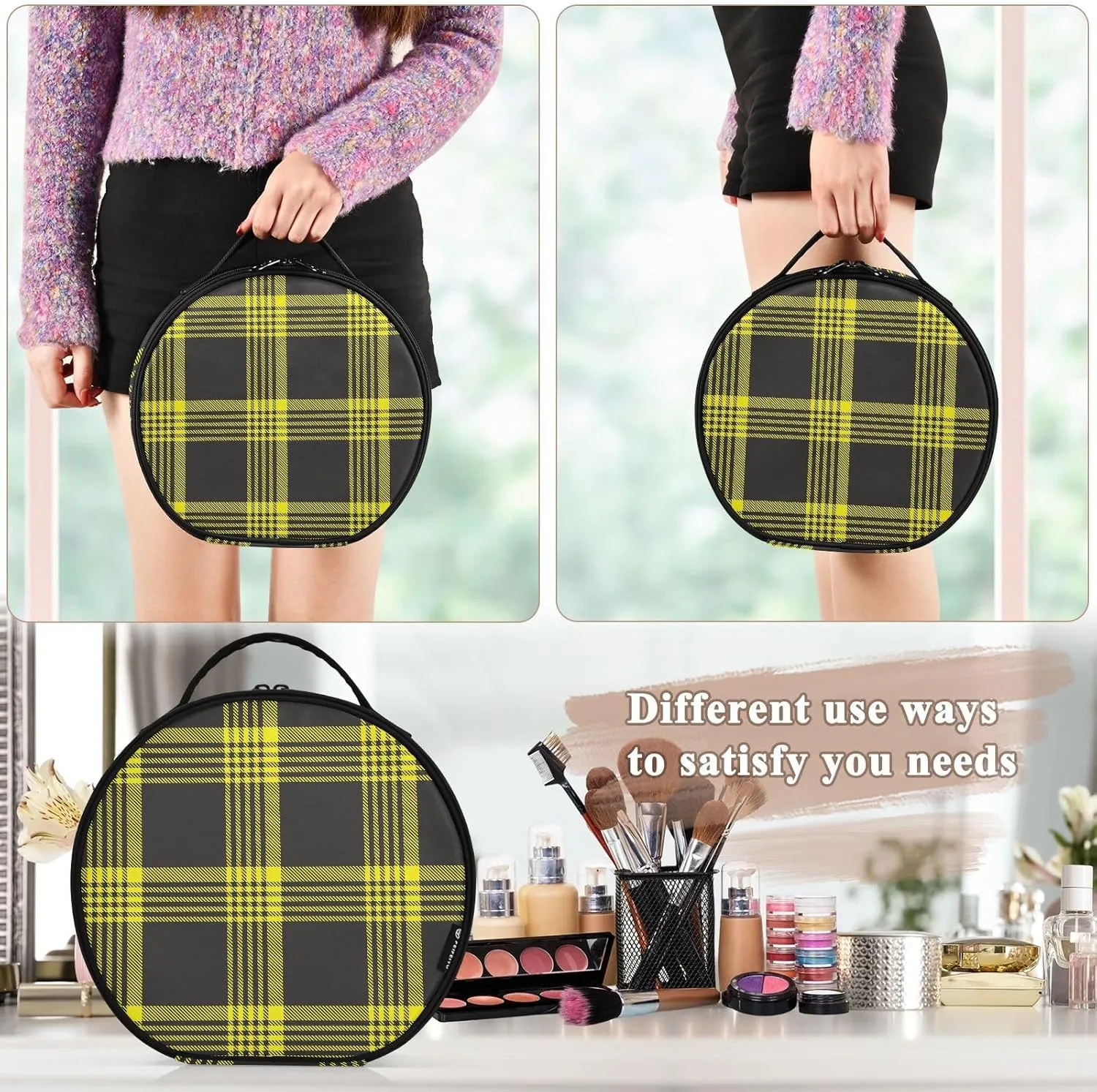 ALAZA Yellow Glen Plaid Travel Makeup Case, Portable Artist Makeup Storage Bag