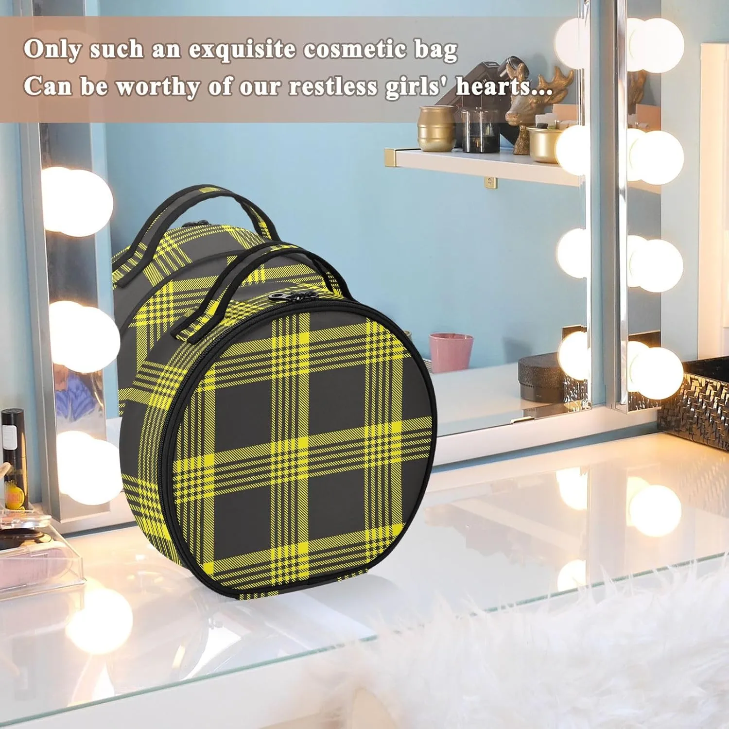 ALAZA Yellow Glen Plaid Travel Makeup Case, Portable Artist Makeup Storage Bag