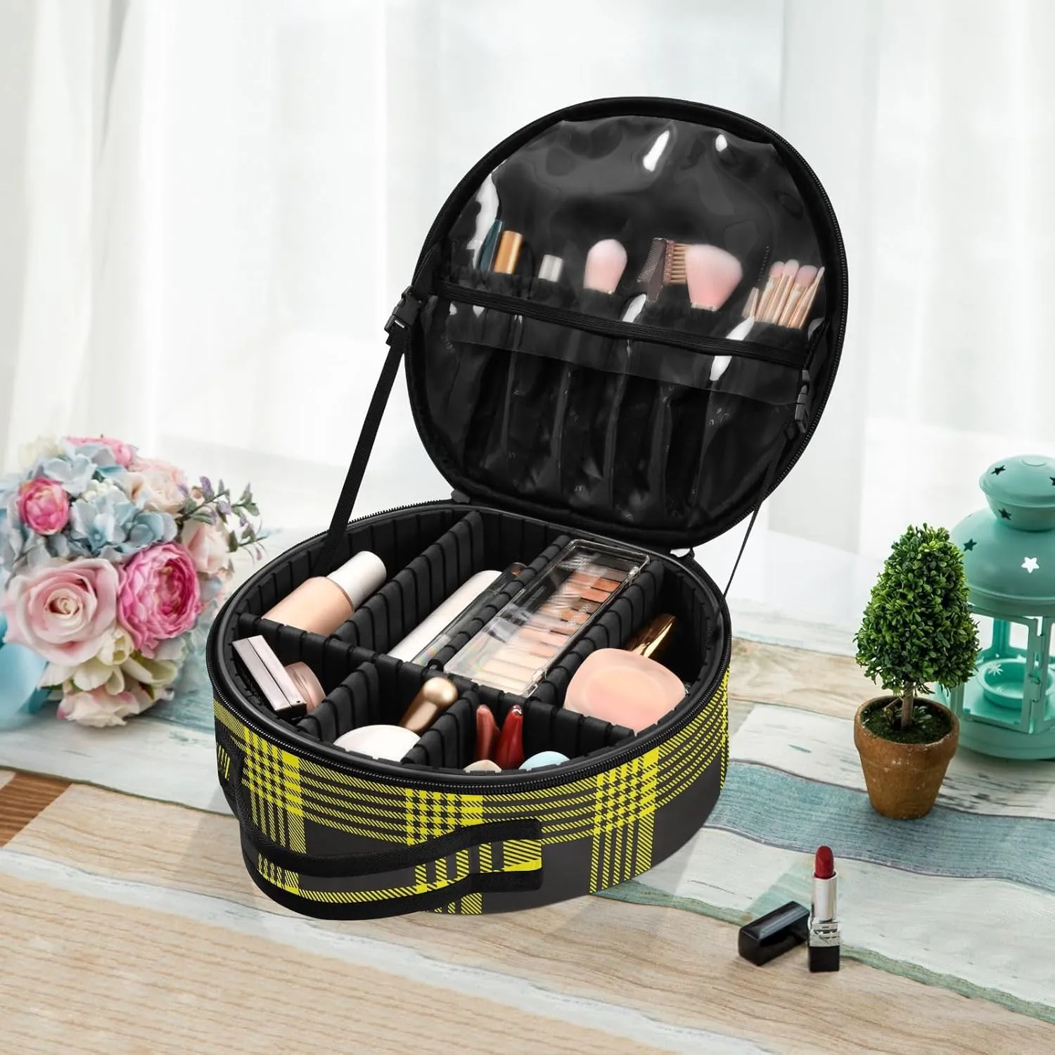 ALAZA Yellow Glen Plaid Travel Makeup Case, Portable Artist Makeup Storage Bag