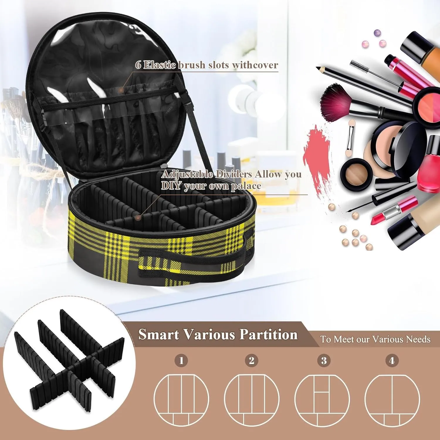 ALAZA Yellow Glen Plaid Travel Makeup Case, Portable Artist Makeup Storage Bag